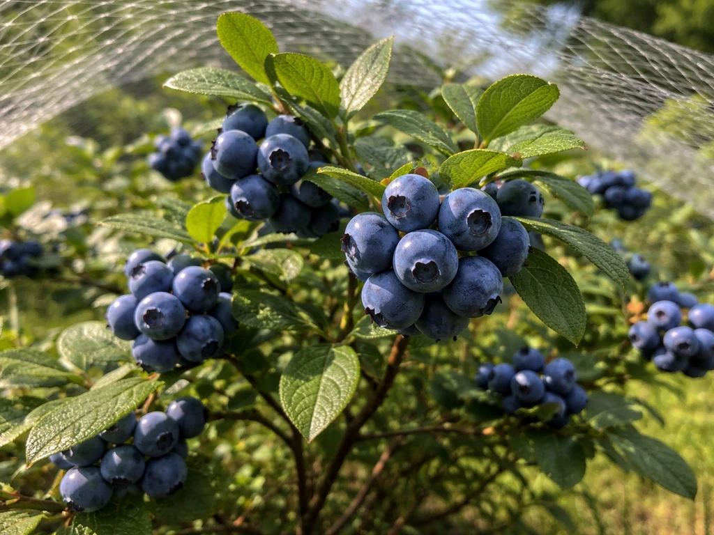 Close-up of ripe blueberries on a low bush under netting with soft natural background.