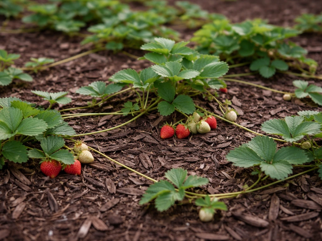 Strawberry groundcover bed with runners spreading through mulch and small berry clusters.