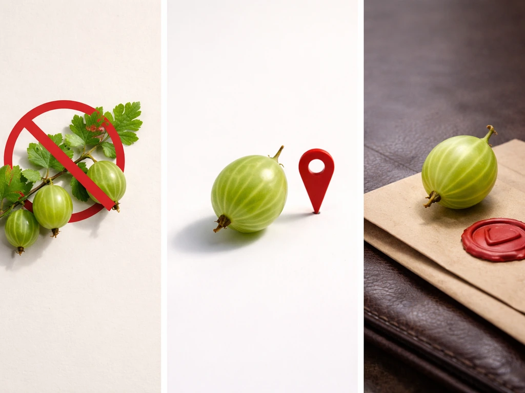 Three gooseberry-themed scenes showing ban, quarantine, and permit requirements in a minimal, realistic style.