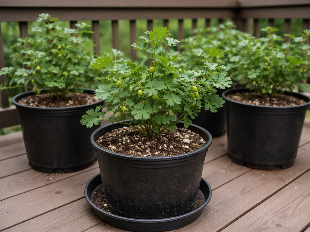 Potted gooseberry plants on a patio deck with visible soil and a drainage tray beneath one container.
