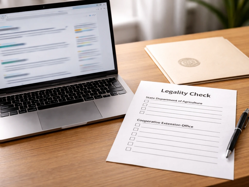 Desk scene with a laptop showing blurred search results and a printed checklist for agriculture and extension offices.