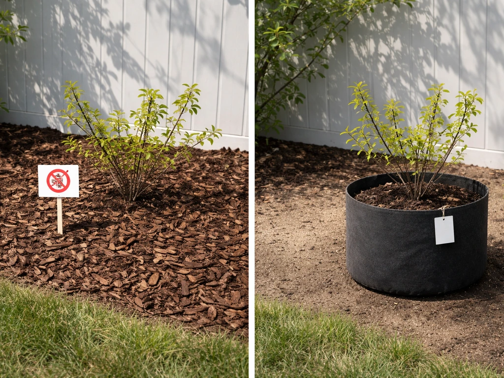 Split planting scene showing a mulched ground bed on the left and potted container setup on the right.