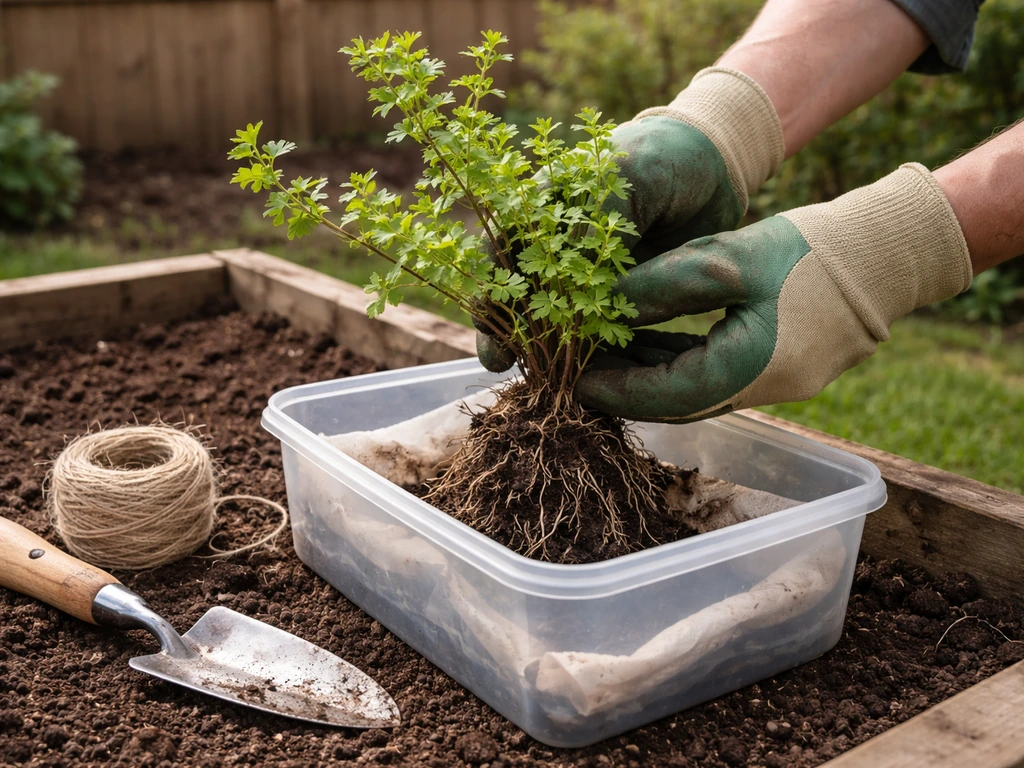 Gloved hands lifting a gooseberry plant from a garden bed into a covered container for replanting