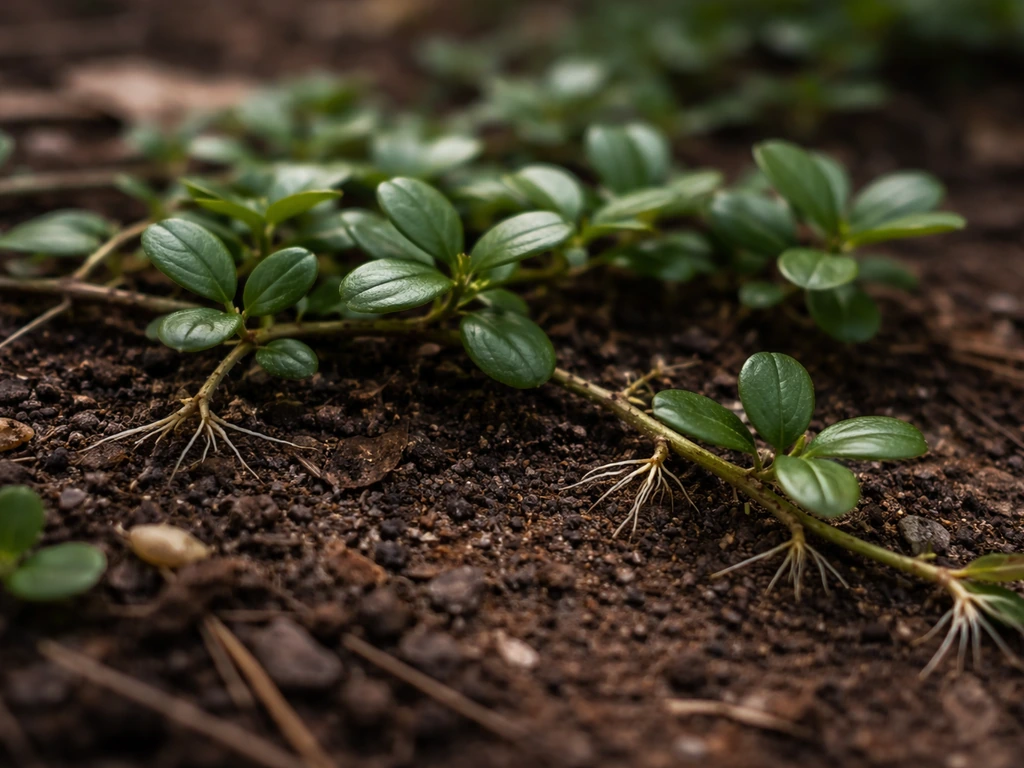 Close-up of a creeping lingonberry plant with rooted stems and small oval leathery leaves