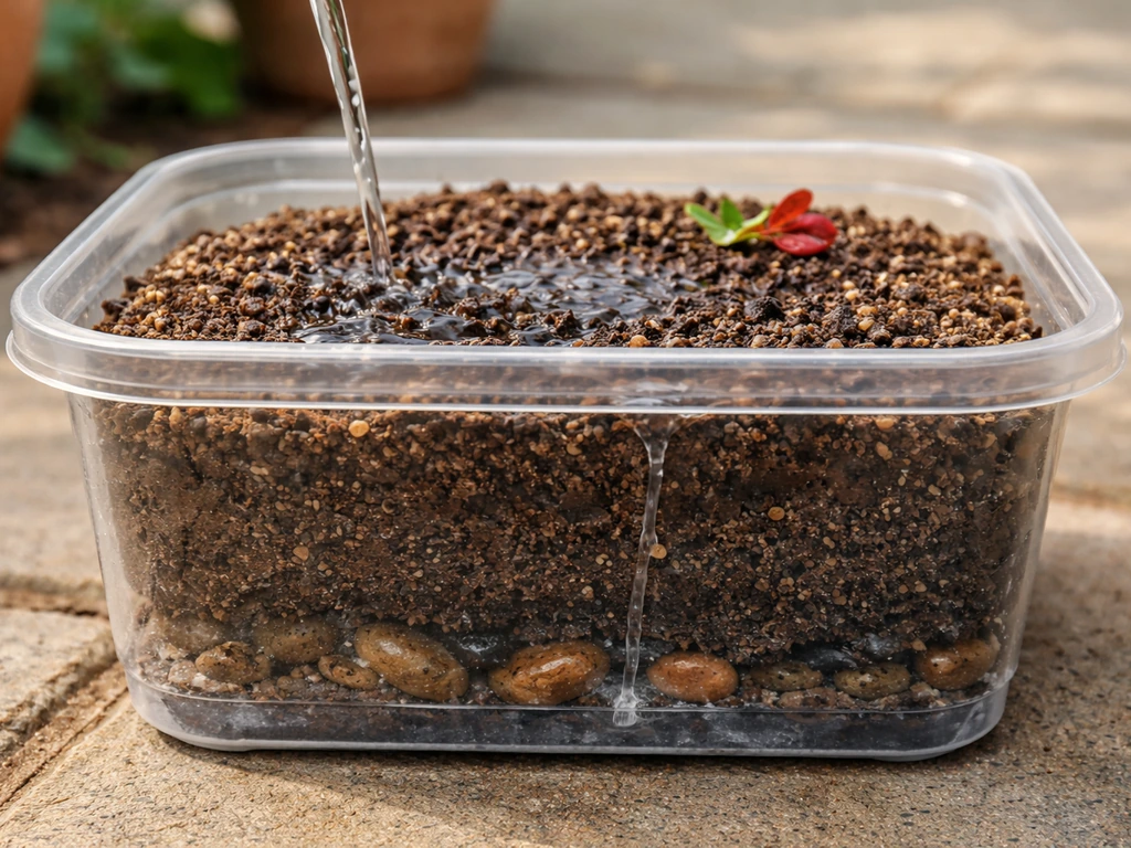A planter with sandy loam soil where water soaks in and drains, showing no standing puddles.