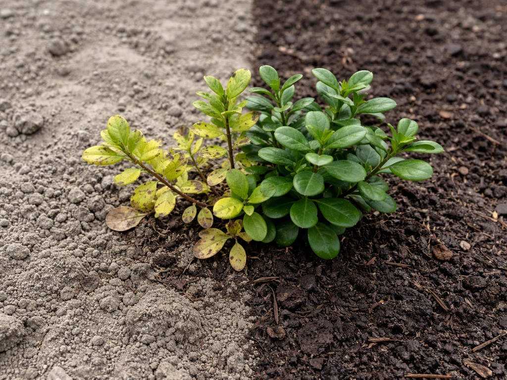 Lingonberry plant with yellowing leaves in dry soil next to healthier dark-green growth in moist soil.