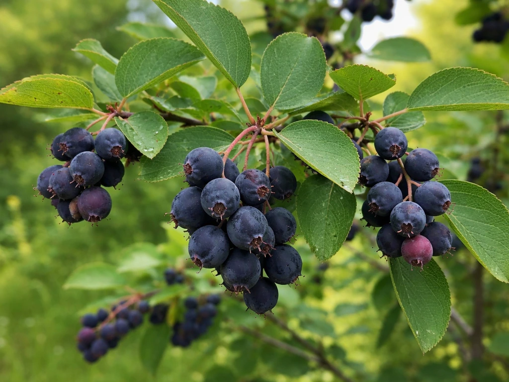 Close-up of serviceberry branches with ripening blue-black berries and green leaves