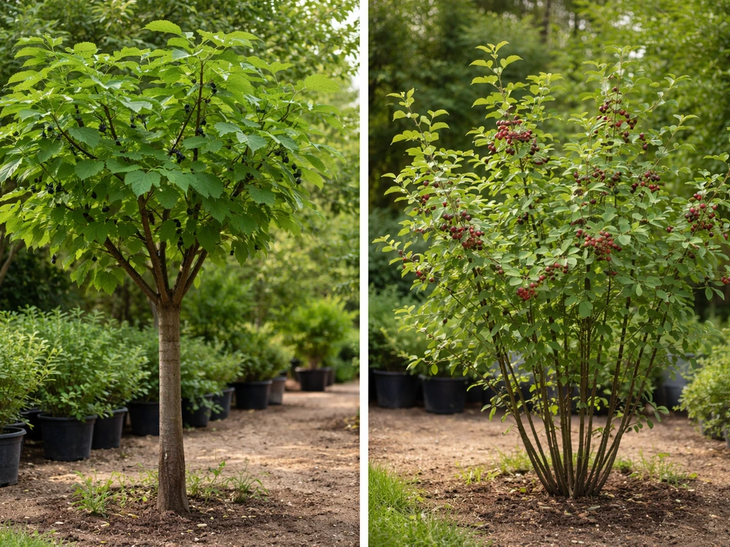 Split-view of two berry tree forms: single-trunk mulberry-like tree vs multi-stem serviceberry-like shrub.