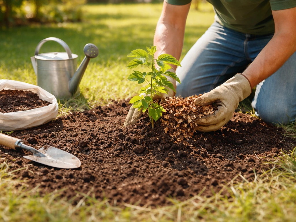 Gardener mulching a small mulberry/sapling in a sunny garden bed with soil and tools nearby.