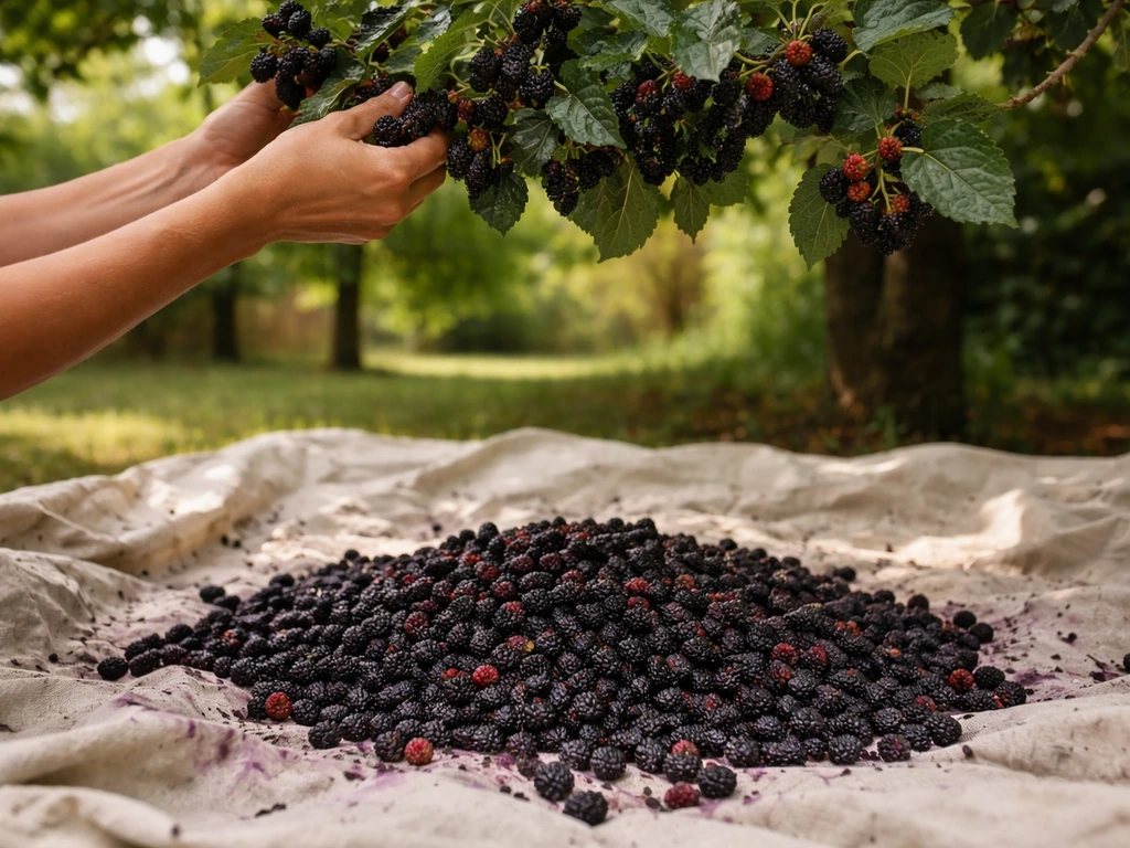 Hands gently shaking a mulberry tree while ripe berries fall onto a tarp on the ground.