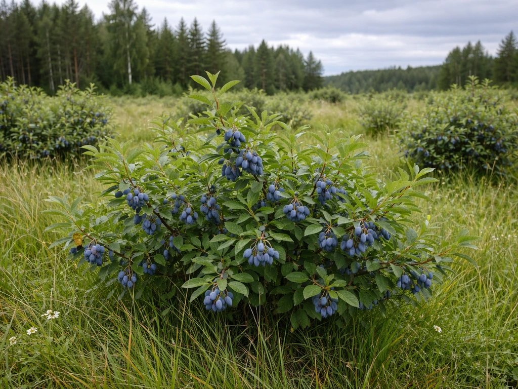 Honeyberry shrubs heavy with blue berries in a cool northern landscape under overcast light.