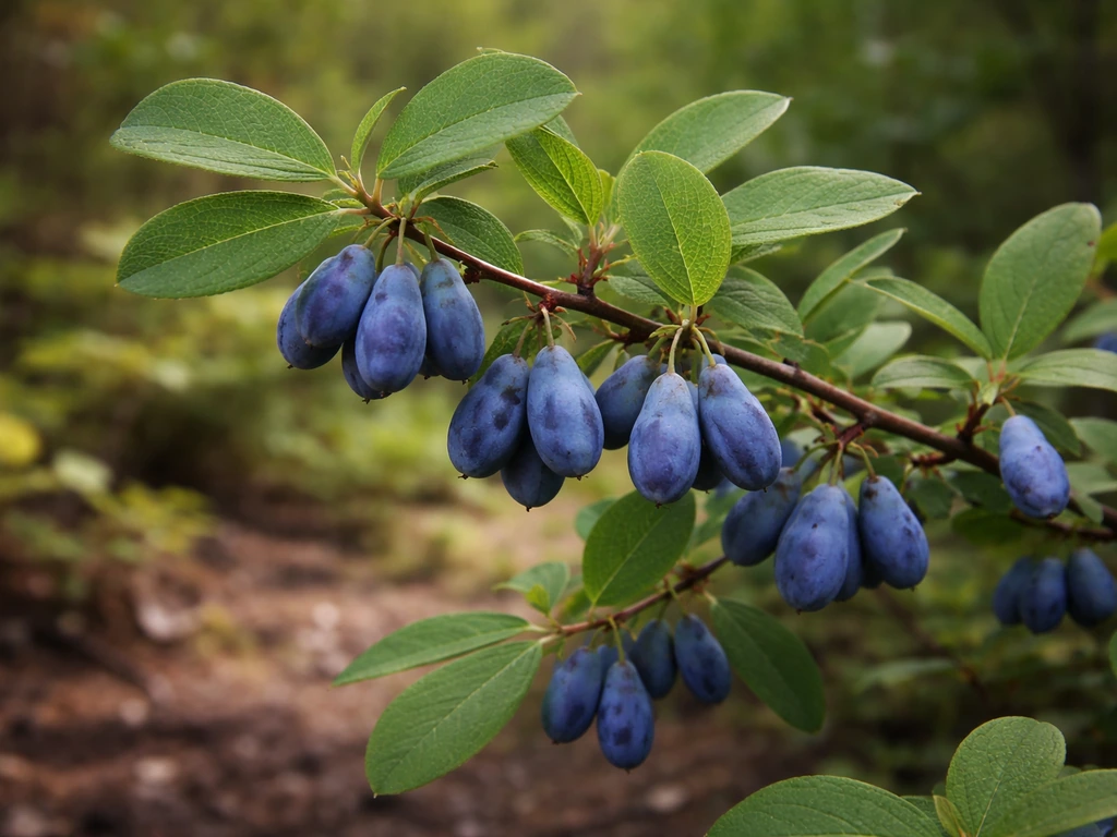 Close-up of Lonicera caerulea branches with green leaves and clusters of honeyberries in natural light.