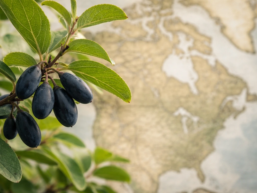 Honeyberry plant in the foreground with a softly blurred, map-like backdrop of North America.
