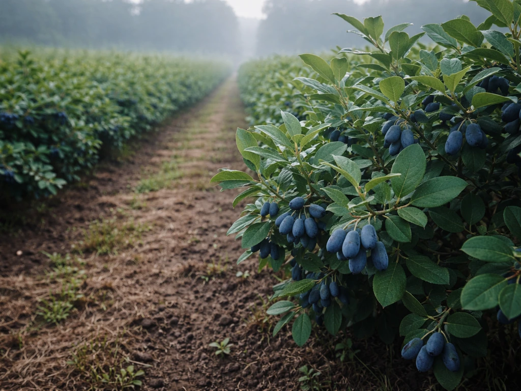 Honeyberry shrubs in a Hokkaido orchard row with ripe blue berries under natural morning light.