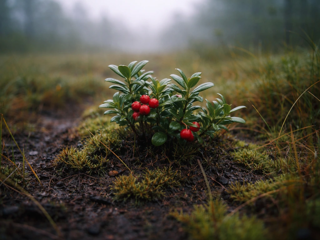 Lingonberry plants with red berries growing in a misty, cool bog with moss and peat