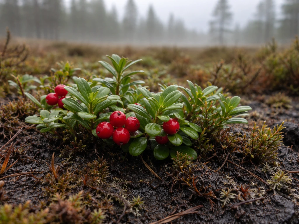 Low-growing lingonberry shrubs with red berries in a misty peat bog habitat