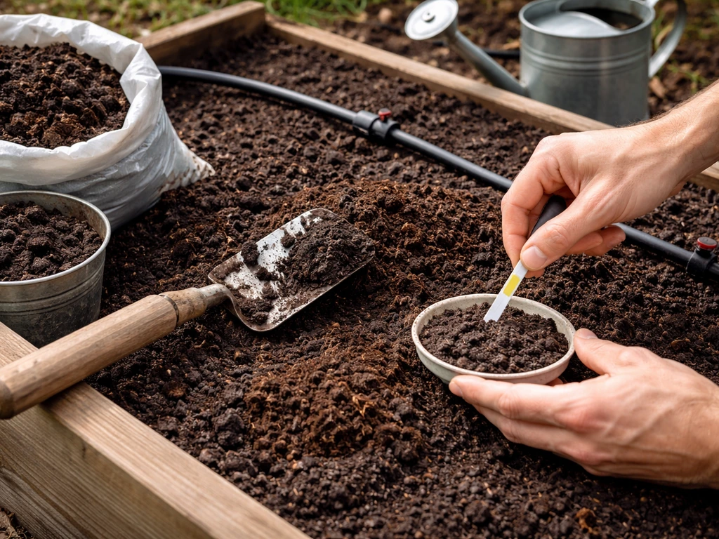 Gardener’s hands mixing peat and soil in a raised bed, with a pH strip and watering setup nearby.