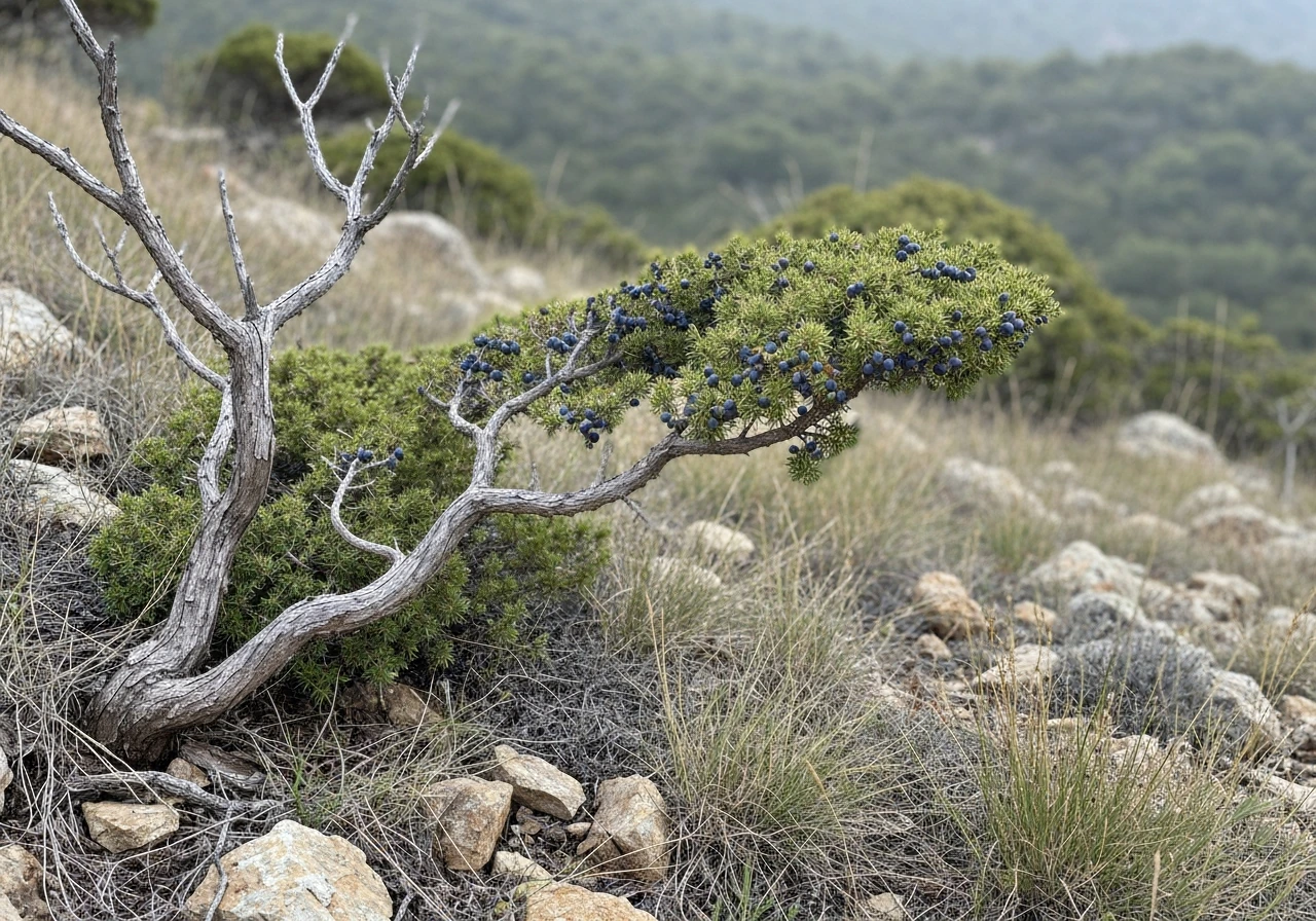 Juniper shrubs with dark berries growing on a rocky Mediterranean hillside under soft daylight.