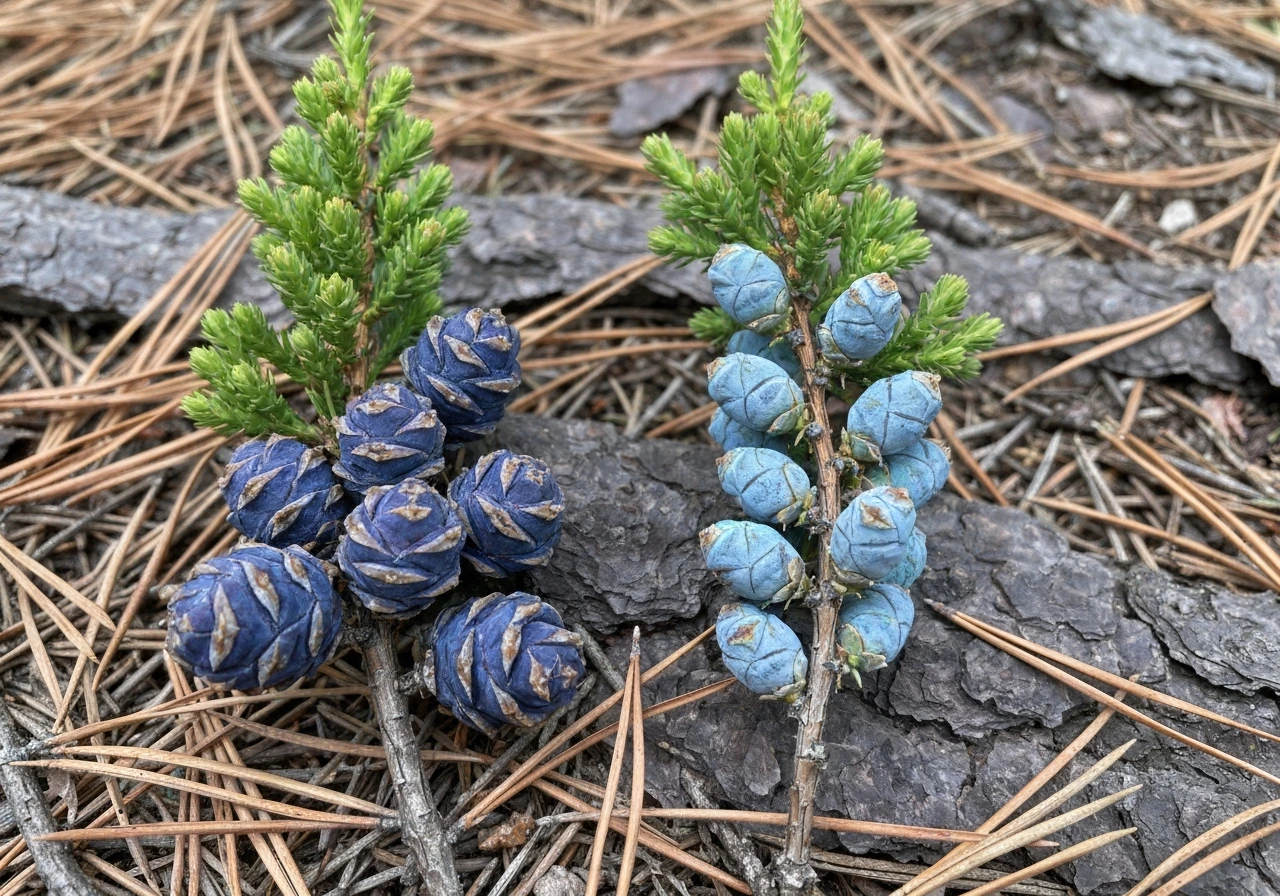 Two juniper branches showing different ripe cone colors and shapes on a forest floor.