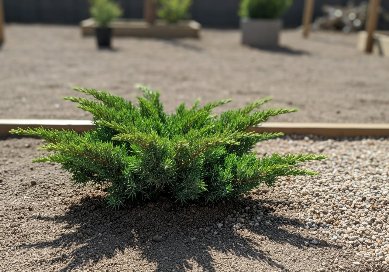 Close-up of a sunlit juniper in a raised bed with gritty, well-draining soil.