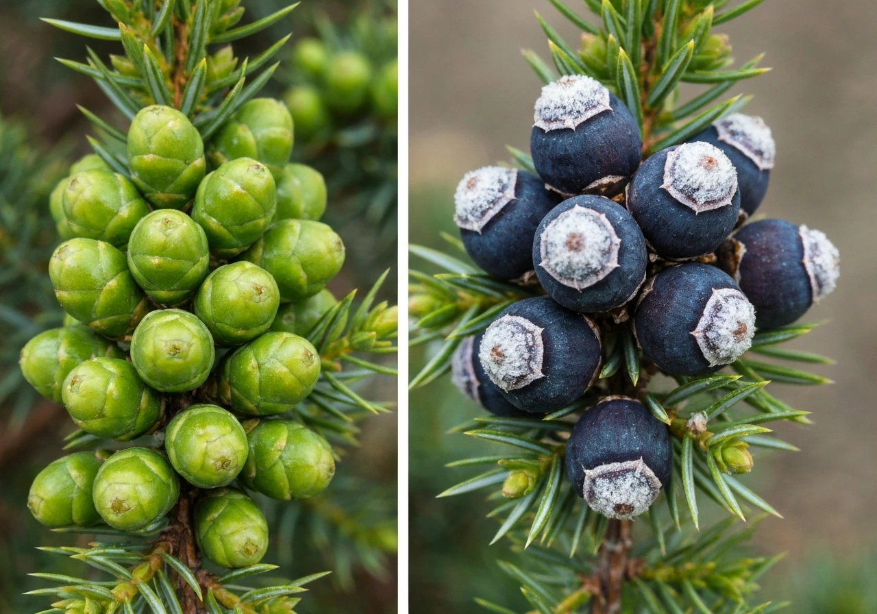 Macro close-up of unripe green and ripe dark juniper cones with whitish bloom on the ripe ones.