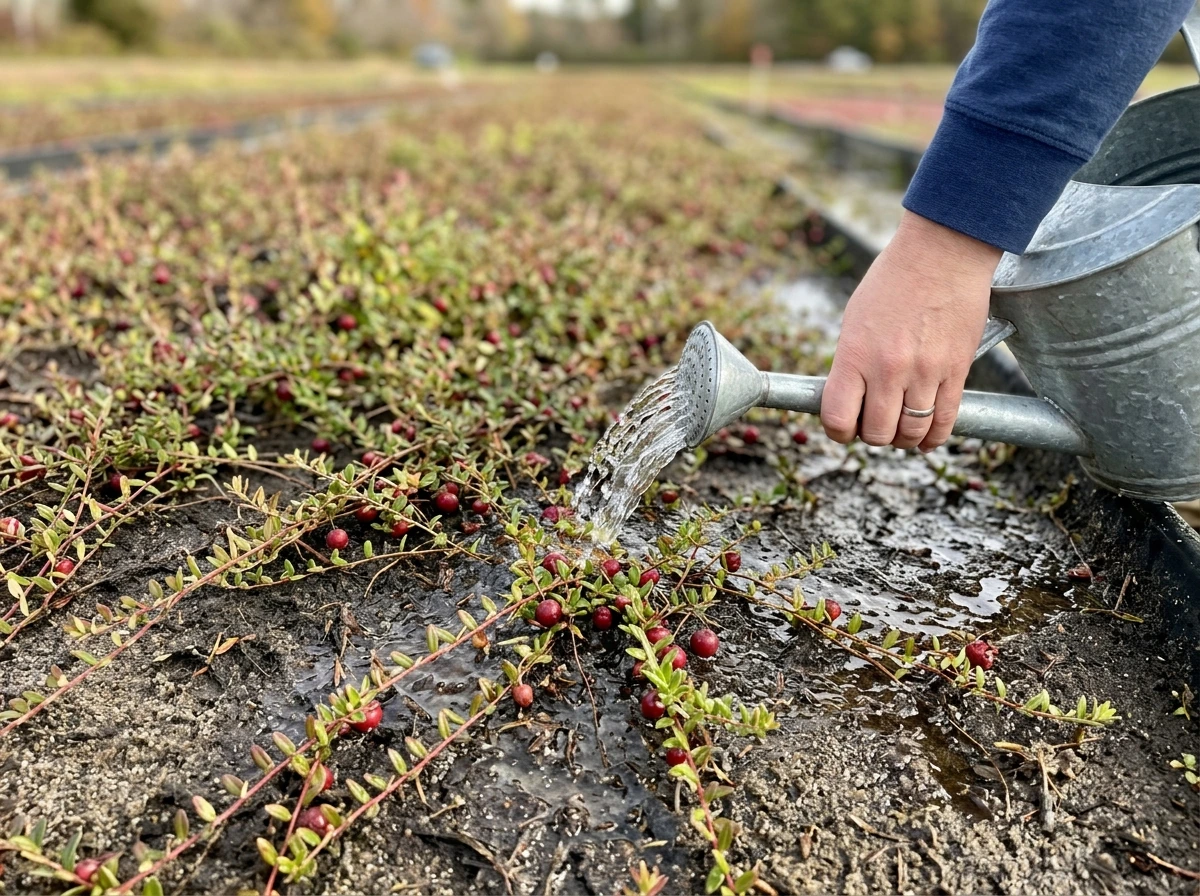 Watering a cranberry bed so the top soil stays consistently moist
