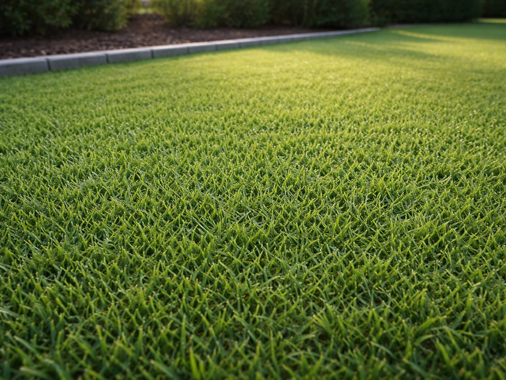 Pelouse de Zoysia dense et luxuriante en été, texture fine et bord de jardin net.