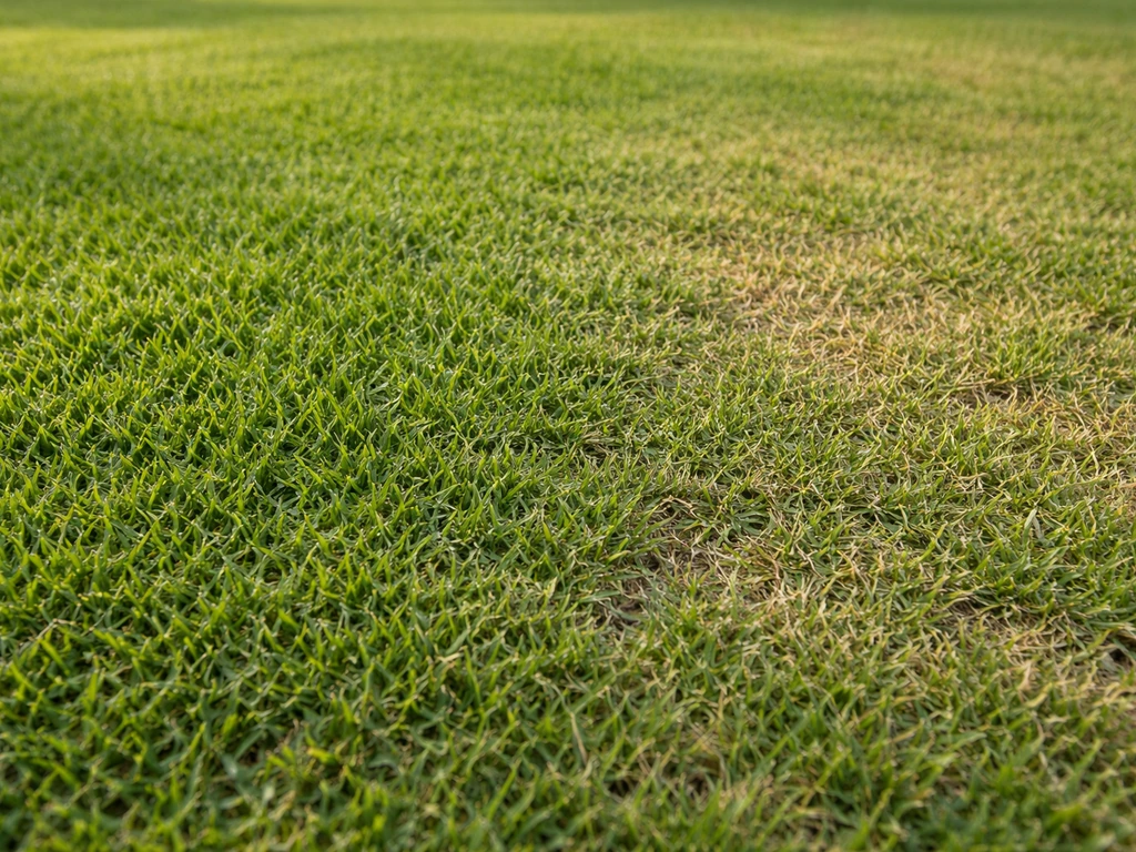 Gros plan d’une pelouse zoysia en été, brins denses, zone plus sèche et traces de piétinement discrètes.