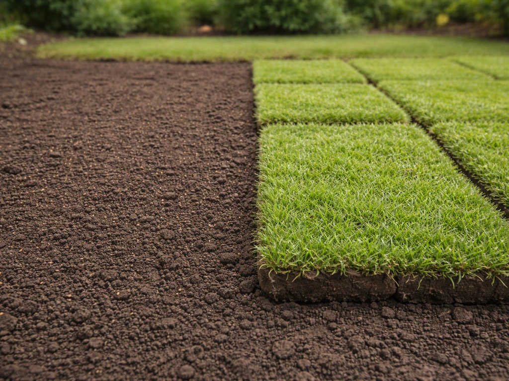 Jardin prêt pour la Zoysia : semis à gauche et mottes/plaques à droite, sol nivelé et humide.