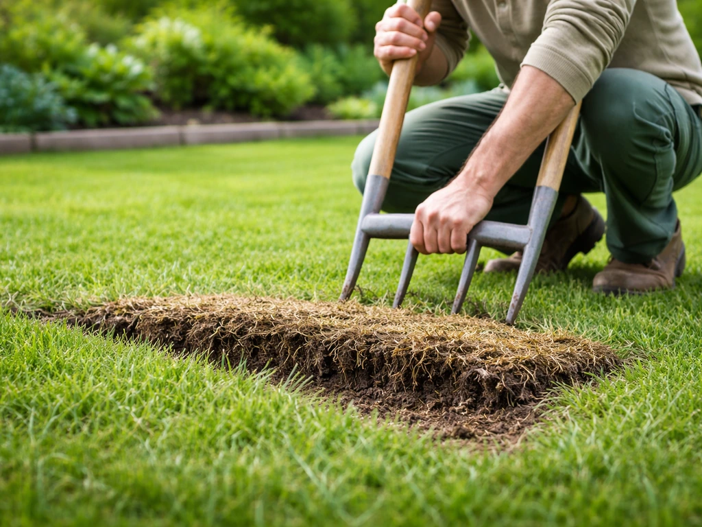 Aération au printemps sur une pelouse de Zoysia : feutre soulevé et sol visible après passage d’une grelinette.