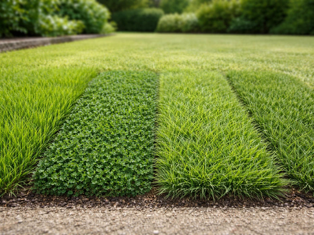 Vue rapprochée de plusieurs parcelles de gazon différentes côte à côte dans un jardin, textures variées.