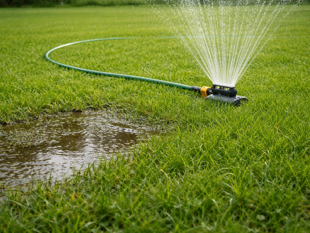 Pelouse avec tuyau/arroseur : l’eau s’infiltre à certains endroits et stagne légèrement ailleurs.