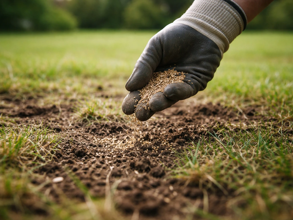 Travail de regarnissage : semences au contact du sol après scarification, dans une pelouse fraîchement aérée