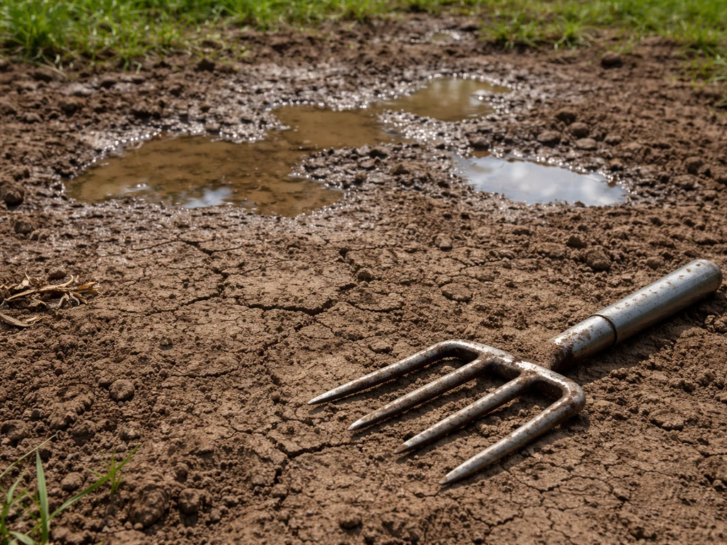 Sol argileux compacté avec petites flaques d’eau et terrain dur difficile à perforer.