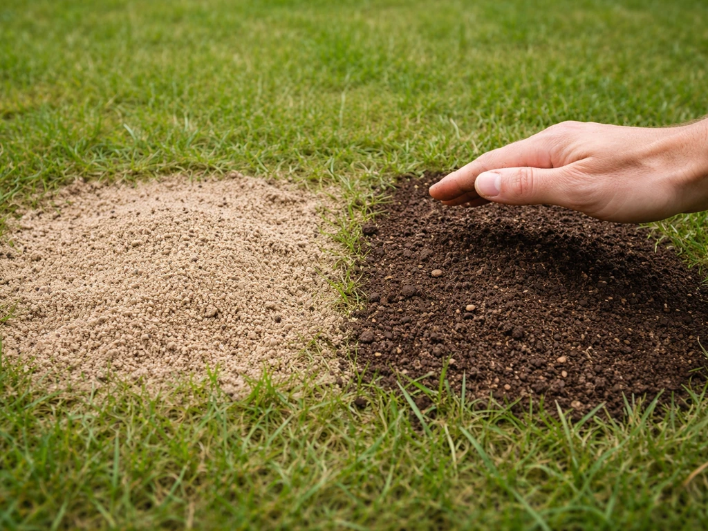 Pelouse avec trous comblés, comparaison sable beige et terreau brun foncé en topdressing.