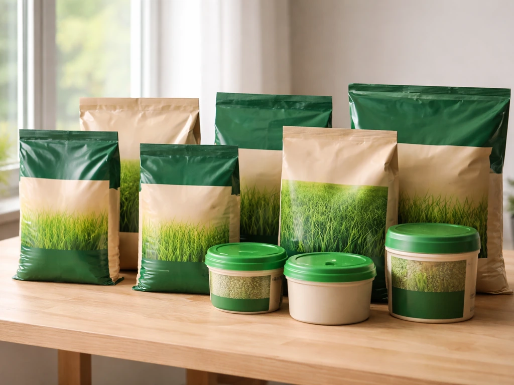 Sacs et boîtes d’engrais pour gazon alignés sur une table, éclairage naturel, scène minimaliste.