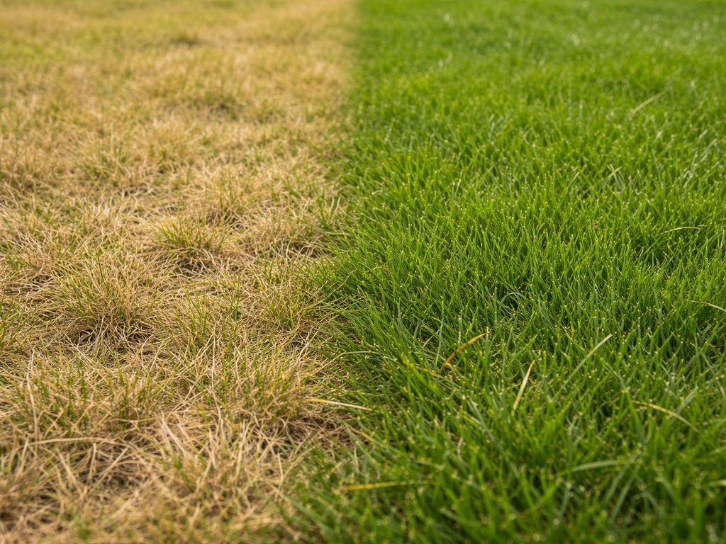 Gros plan d’une pelouse divisée : zone jaune à gauche et pelouse verdissante plus dense à droite.