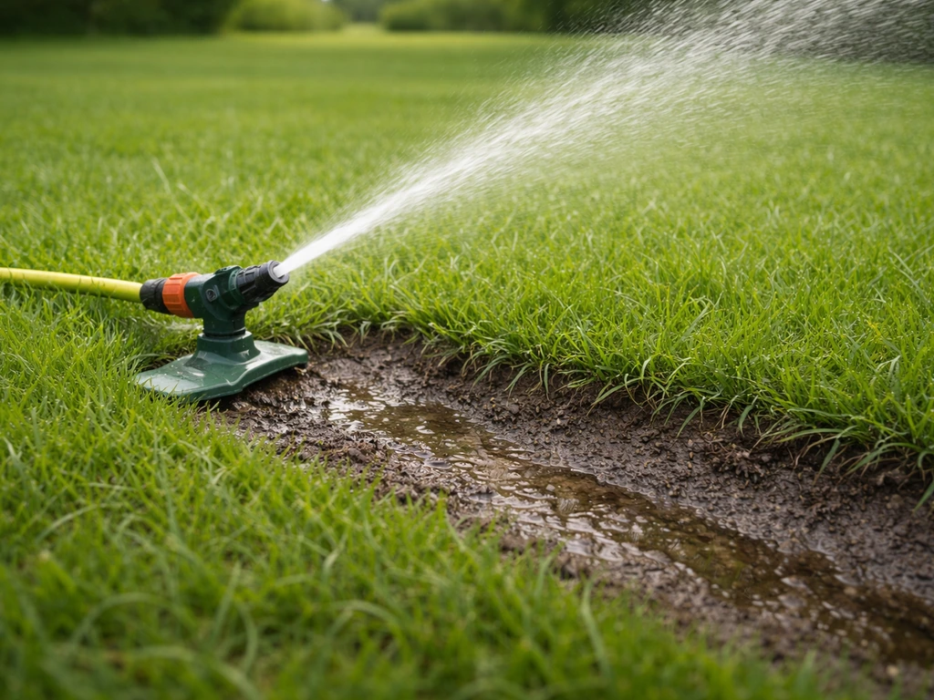 Arroseur de pelouse en fonctionnement, eau qui pénètre le sol et humidifie la zone en profondeur.