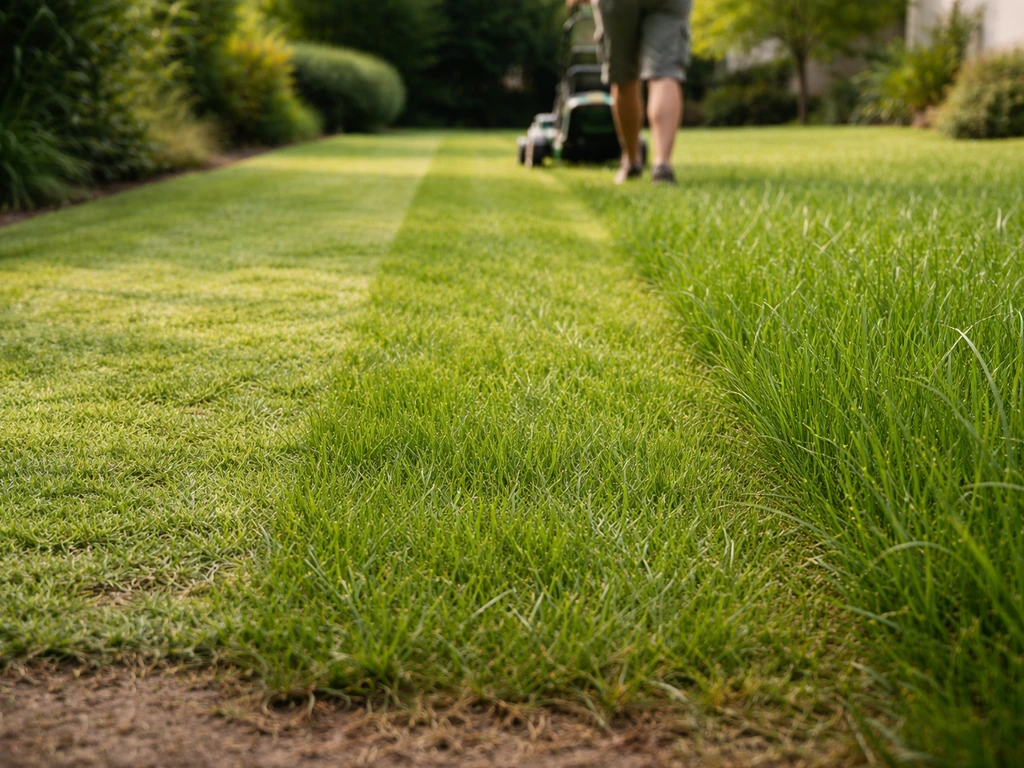 Gazon en jardin avec trois zones montrant une croissance progressive avant et après plusieurs tontes.