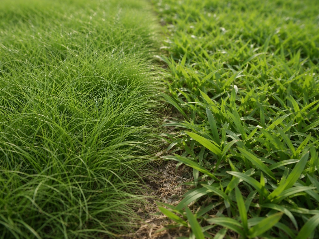 Gros plan côte à côte : Zoysia tenuifolia aux brins très fins, et Zoysia japonica à la texture plus classique.