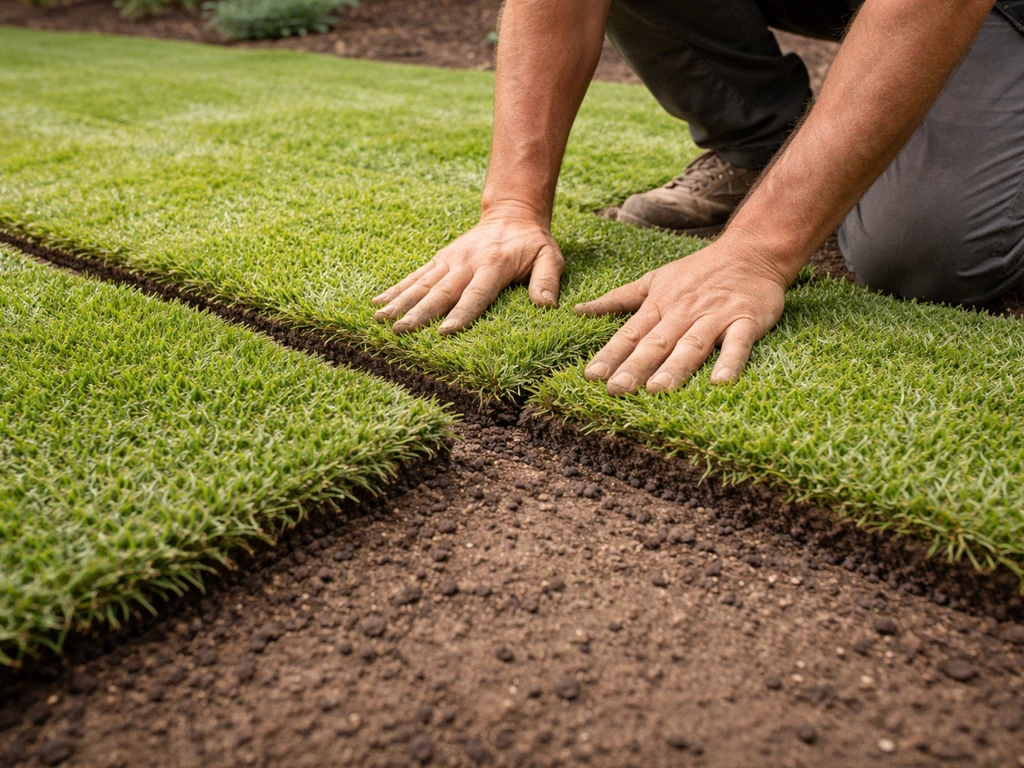 Pose de rouleaux de zoysia sur sol humidifié, raccords visibles entre bandes pour éviter les vides.