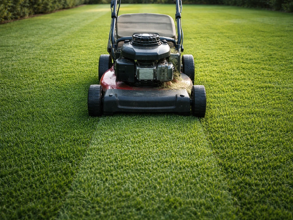 Tonte d’une pelouse de zoysia avec une tondeuse réglée sur 2–4 cm, l’herbe dense et bien verte.