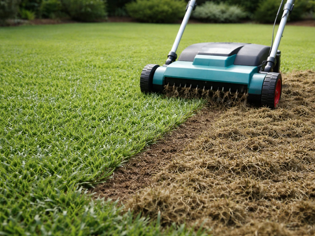 Un scarificateur sur une pelouse de zoysia, soulevant le feutre pour aérer le sol.