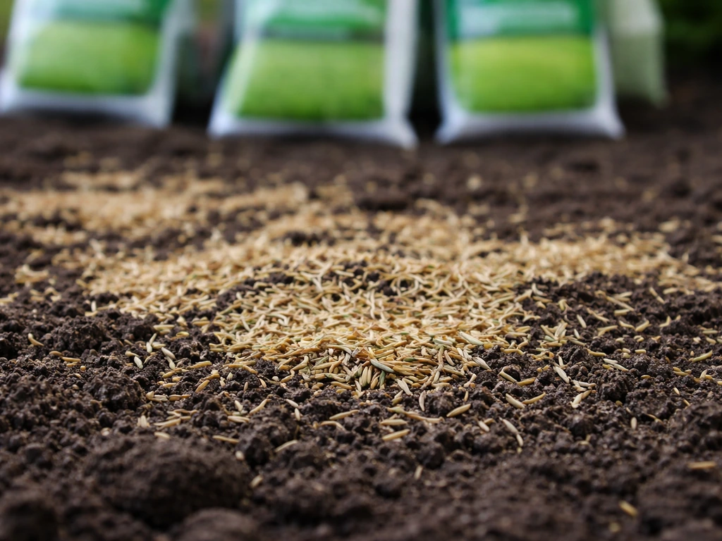 Gros plan de graines de graminées sur un sol préparé, avec quelques sachets de semences en arrière-plan
