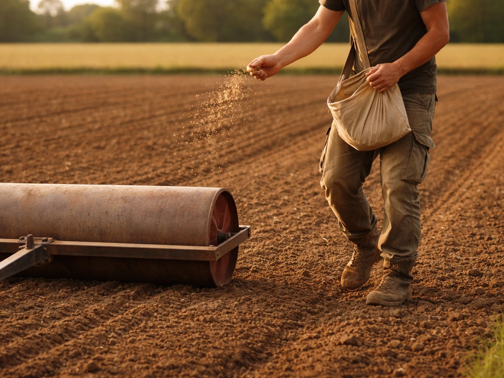 Un cultivateur répand des graines sur un sol émietté, avec un rouleau passé juste à côté.