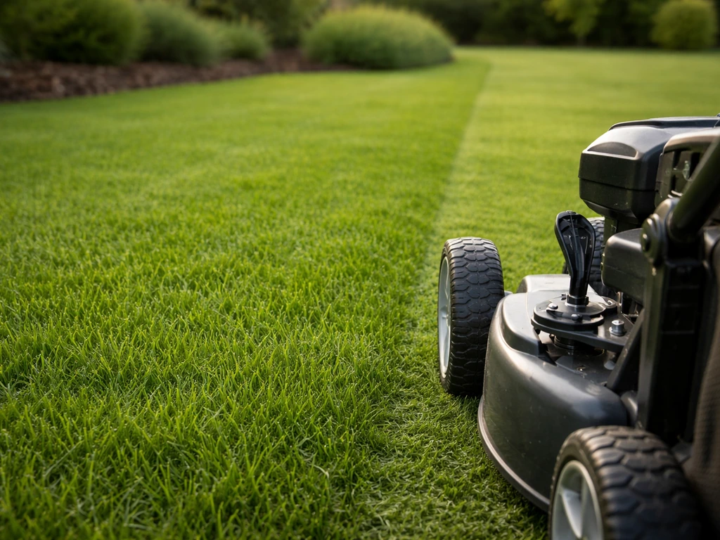 Jardinier tond un gazon bien établi, tondeuse réglée en hauteur, coupe nette sur herbe verte