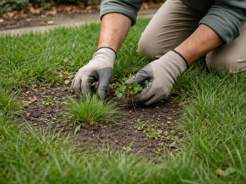 Jardinier désherbant une petite zone claire de pelouse, autour d’une touffe d’herbe, sans détruire le reste.