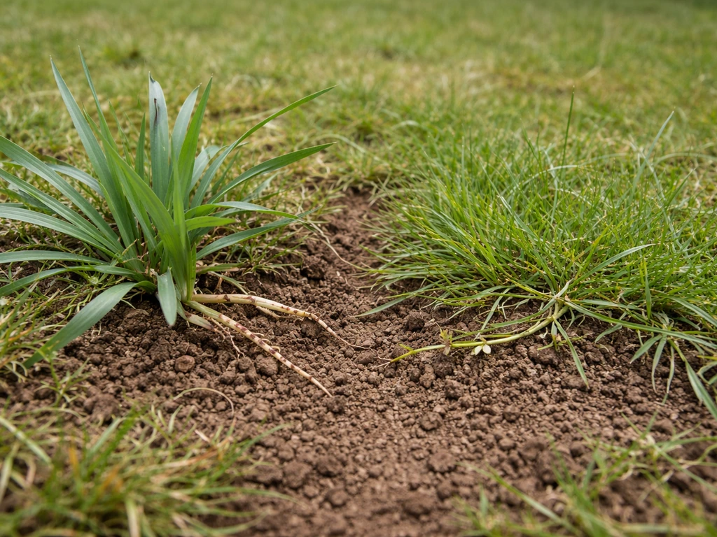 Vue rapprochée de deux graminées envahissantes dans une pelouse, avec indices de rhizomes et stolons visibles.