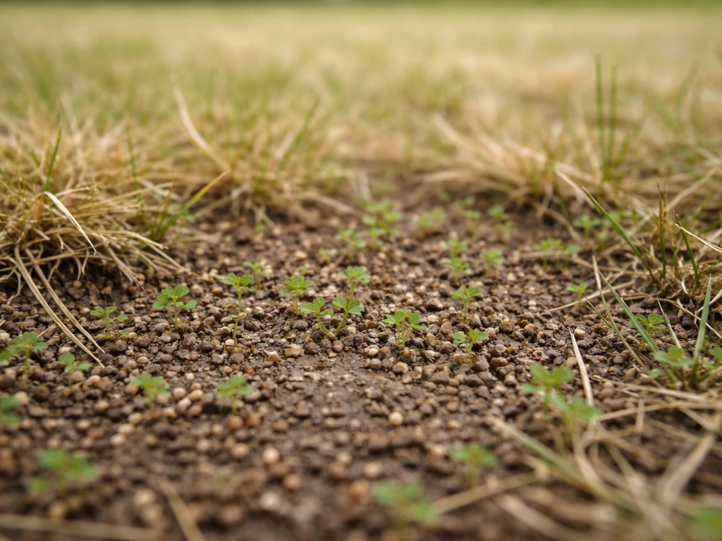 Graines et jeunes pousses de micro-trèfle au pied d’une pelouse sèche, vue rapprochée sur le sol