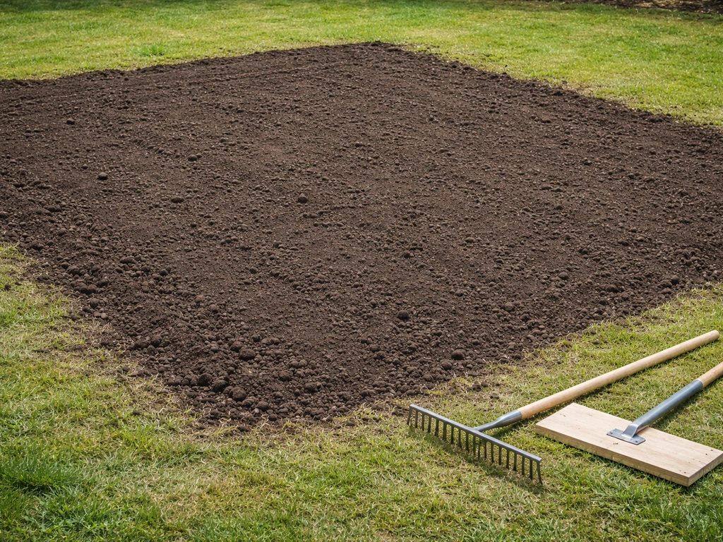 Préparation d’une zone de jardin entièrement refaite : sol ameubli et nivelé, prêt pour le semis